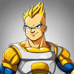 Simpsons-style portrait of Vegeta from Dragon Ball Z with yellow spiky hair, round eyes, simplified physique, and classic Saiyan armor