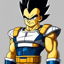 Simpsons-style portrait of Vegeta from Dragon Ball Z with black spiky hair, round eyes, simplified physique, and classic Saiyan armor