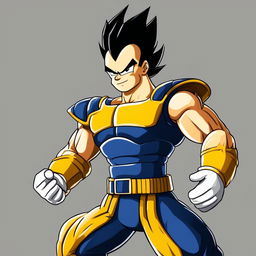 Simpsons-style portrait of Vegeta from Dragon Ball Z with black spiky hair, round eyes, simplified physique, and classic Saiyan armor