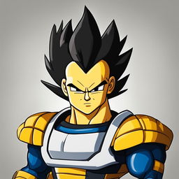 Simpsons-style portrait of Vegeta from Dragon Ball Z with black spiky hair, round eyes, simplified physique, and classic Saiyan armor