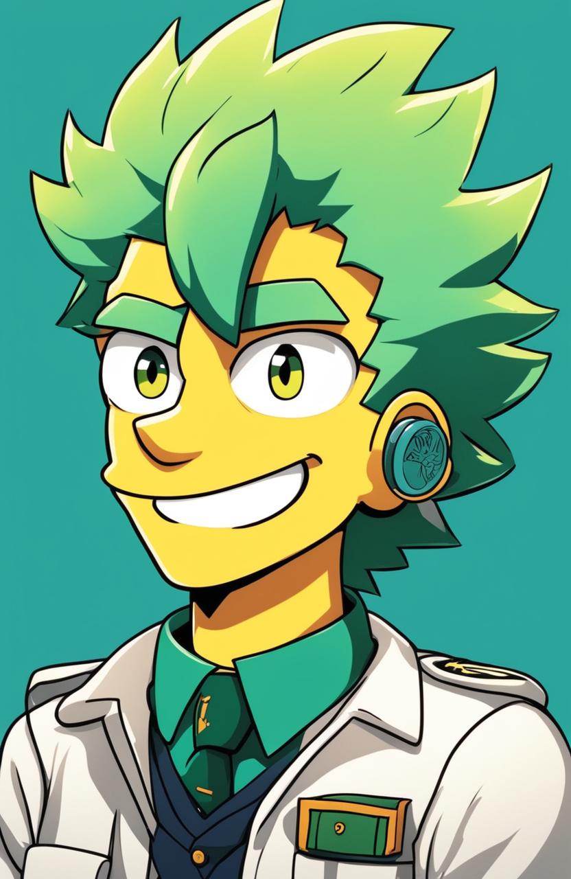 Simpsons-style portrait of Midoriya from My Hero Academia with yellow skin, subdued green hair, freckles, school uniform, large eyes filled with determination and kindness, small smile, and a blue gradient background