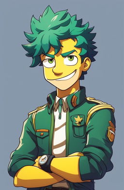 Simpsons-style portrait of Midoriya from My Hero Academia with yellow skin, subdued green hair, freckles, school uniform, large eyes filled with determination and kindness, small smile, and a blue gradient background