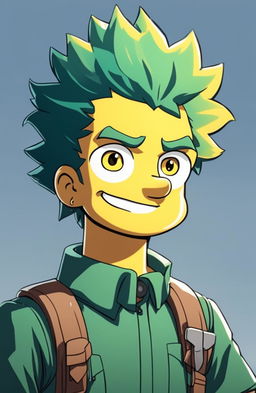 Simpsons-style portrait of Midoriya from My Hero Academia with yellow skin, subdued green hair, freckles, school uniform, large eyes filled with determination and kindness, small smile, and a blue gradient background