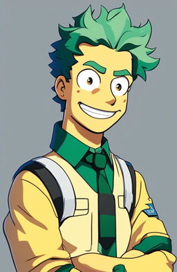 Simpsons-style portrait of Midoriya from My Hero Academia with yellow skin, subdued green hair, freckles, school uniform, large eyes filled with determination and kindness, small smile, and a blue gradient background