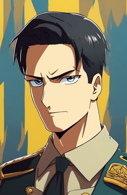 Simpsons-style portrait of Levi from Attack on Titan with yellow skin, black undercut hair, stern eyes, cravat, military uniform, and a blue gradient background