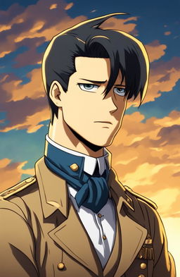 Simpsons-style portrait of Levi from Attack on Titan with yellow skin, black undercut hair, stern eyes, cravat, military uniform, and a blue gradient background