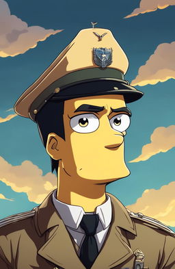 Simpsons-style portrait of Levi from Attack on Titan with yellow skin, black undercut hair, stern eyes, cravat, military uniform, and a blue gradient background