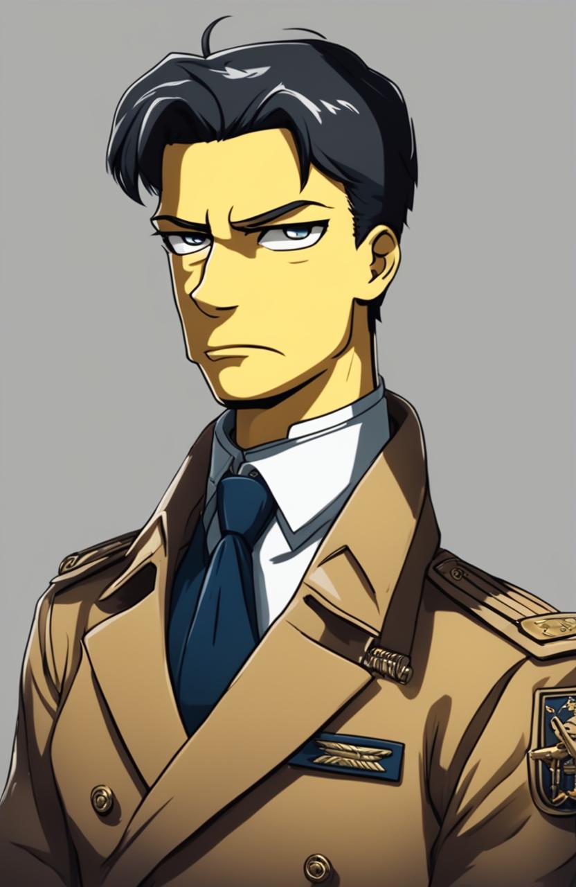 Simpsons-style portrait of Levi from Attack on Titan with yellow skin, black undercut hair, stern eyes, cravat, military uniform, and a blue gradient background