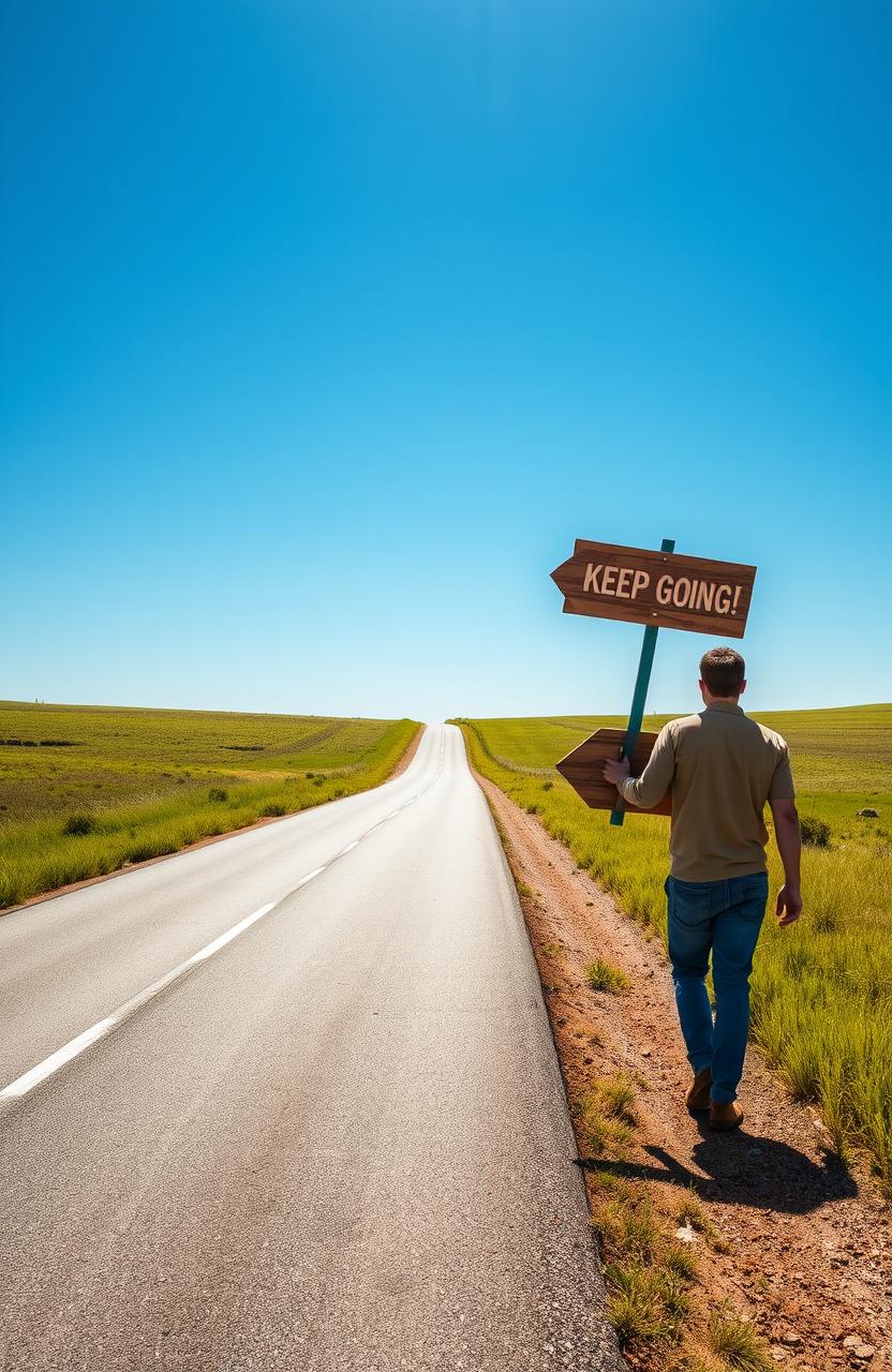 A long, winding road stretching into the horizon under a bright blue sky