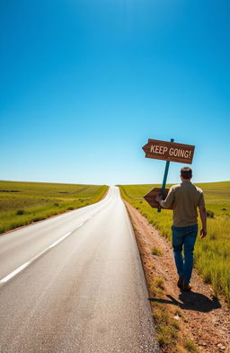 A long, winding road stretching into the horizon under a bright blue sky