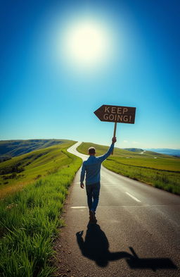 A long, winding road stretching into the horizon under a bright blue sky