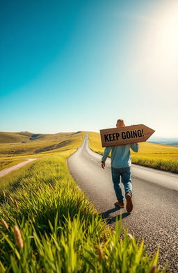 A long, winding road stretching into the horizon under a bright blue sky