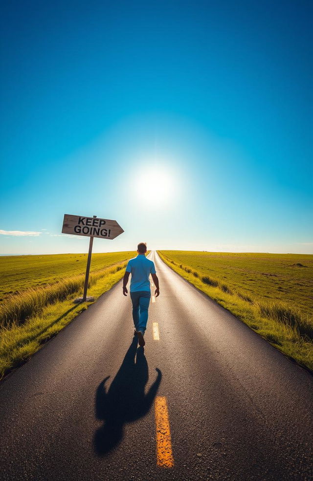 A long, winding road stretching into the horizon under a bright blue sky