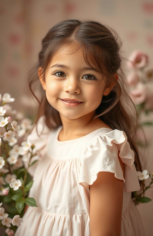 A portrait of a girl embodying sweetness and charm, showcasing her soft and lovable personality with a warm tone