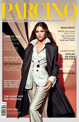 A stylish and sophisticated editorial spread for a modern upscale fashion magazine titled 'Parcinq', showcasing the latest trends in high fashion
