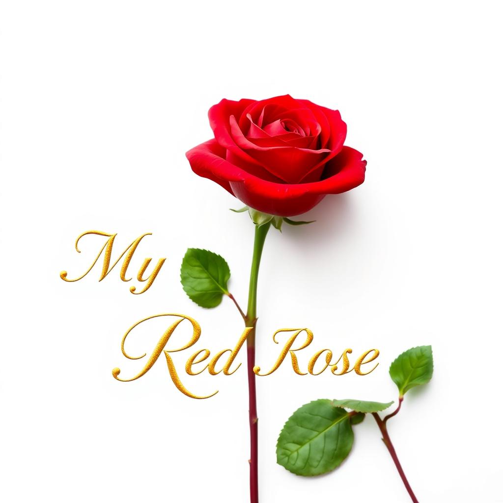 A stunning, vibrant red rose positioned prominently in the center of the image, surrounded by a clean, bright white background