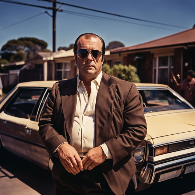 Tony Soprano in 1980s Western Sydney, standing by a classic Holden Commodore on a typical suburban street with red brick houses and a corner pub