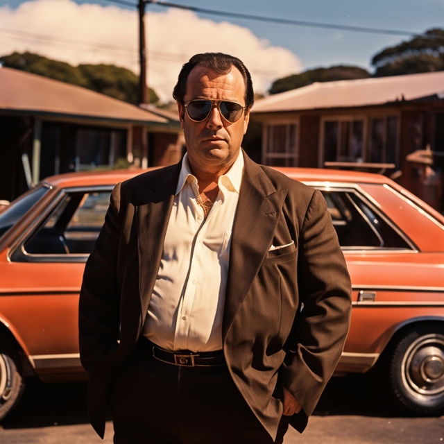 Tony Soprano in 1980s Western Sydney, leaning against a Ford Falcon with a gold Cuban chain around his neck on a typical suburban street with red brick houses and a corner pub