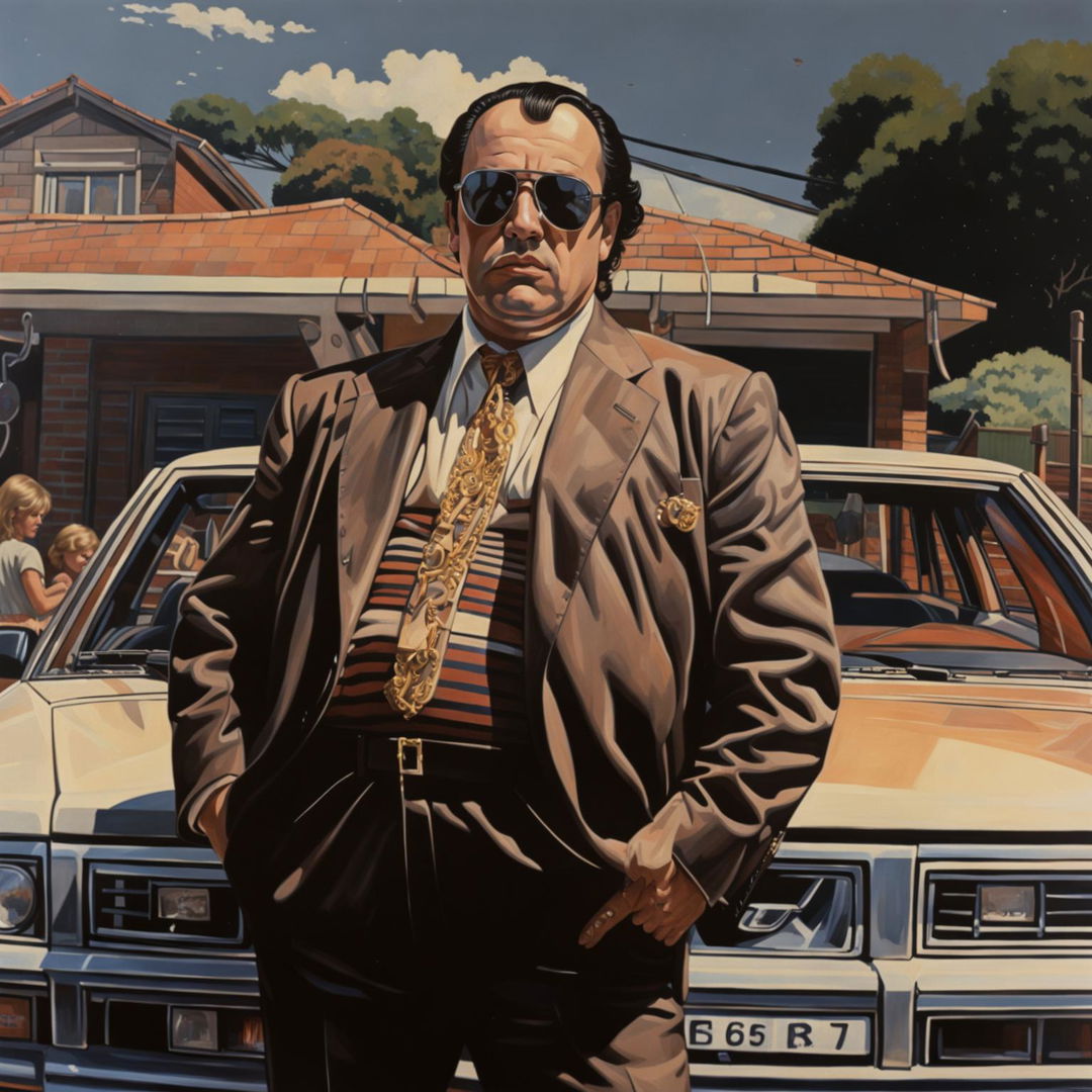 A realistic portrayal of Tony Soprano in 1980s Western Sydney, leaning against a Ford Falcon, wearing a gold Cuban chain, on a typical suburban street with red brick houses and a corner pub