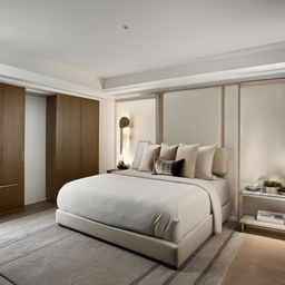 A luxurious and spacious master bedroom with a king-sized bed, plush furnishings, ample closet space, and modern decor.