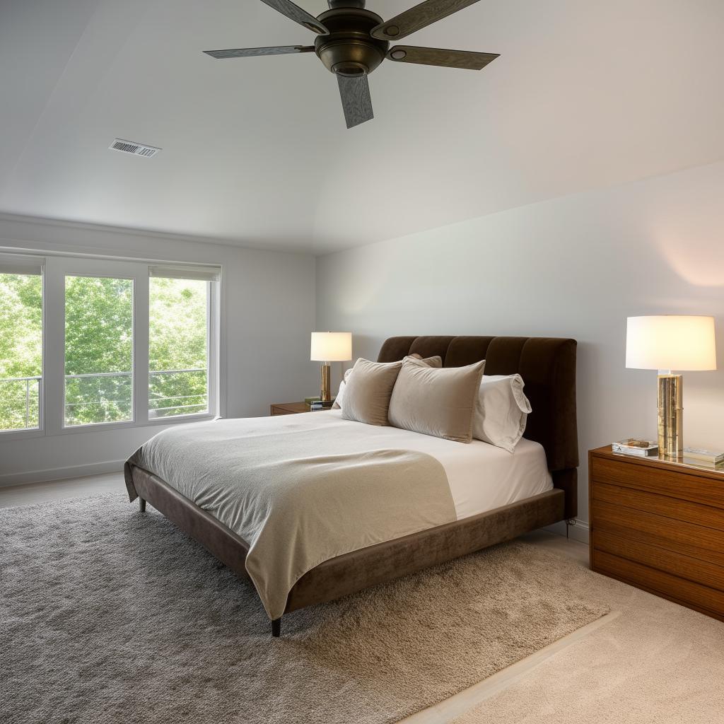 A luxurious and spacious master bedroom with a king-sized bed, plush furnishings, ample closet space, and modern decor.