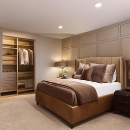 A luxurious and spacious master bedroom with a king-sized bed, plush furnishings, ample closet space, and modern decor.