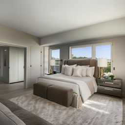 A luxurious and spacious master bedroom with a king-sized bed, plush furnishings, ample closet space, and modern decor.