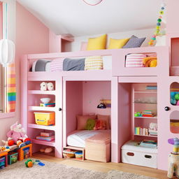 A charming and vibrant kids' bedroom equipped with a fun bunk bed, playful decor, plenty of storage for toys, and a cozy study area.