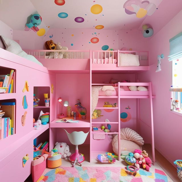 A charming and vibrant kids' bedroom equipped with a fun bunk bed, playful decor, plenty of storage for toys, and a cozy study area.