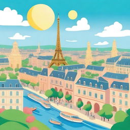 A vibrant, cartoon-style depiction of Paris city, highlighting famous landmarks like the Eiffel Tower, Notre Dame, and the Louvre, set against a sunny sky