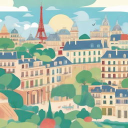 A vibrant, cartoon-style depiction of Paris city, highlighting famous landmarks like the Eiffel Tower, Notre Dame, and the Louvre, set against a sunny sky