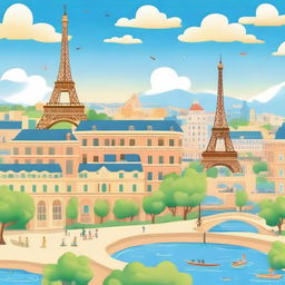 A vibrant, cartoon-style depiction of Paris city, highlighting famous landmarks like the Eiffel Tower, Notre Dame, and the Louvre, set against a sunny sky