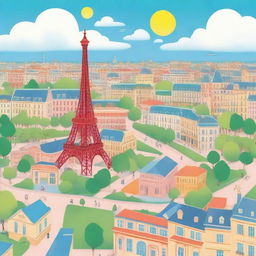 A vibrant, cartoon-style depiction of Paris city, highlighting famous landmarks like the Eiffel Tower, Notre Dame, and the Louvre, set against a sunny sky