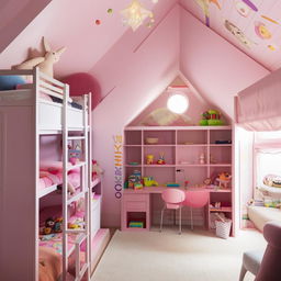 A charming and vibrant kids' bedroom equipped with a fun bunk bed, playful decor, plenty of storage for toys, and a cozy study area.