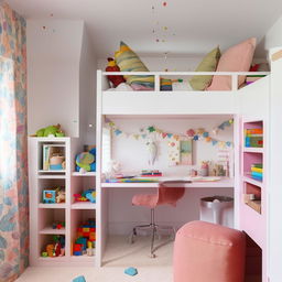 A charming and vibrant kids' bedroom equipped with a fun bunk bed, playful decor, plenty of storage for toys, and a cozy study area.