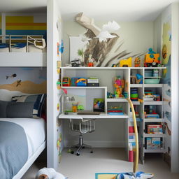 A well-organized, fun and colorful boys' bedroom featuring a sturdy bunk bed, a study area, a shelf filled with toys and games, and decor fit for a young adventurer.