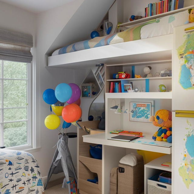 A well-organized, fun and colorful boys' bedroom featuring a sturdy bunk bed, a study area, a shelf filled with toys and games, and decor fit for a young adventurer.