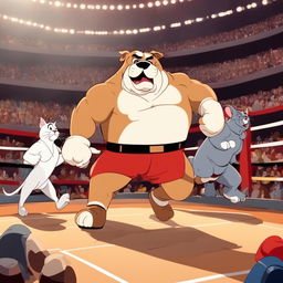 A Disney-style animation of a boxing match between a muscular bulldog and an agile cat in a crowded arena with an elephant referee