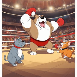 A Disney-style animation of a boxing match between a muscular bulldog and an agile cat in a crowded arena with an elephant referee