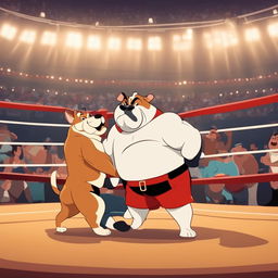 A Disney-style animation of a boxing match between a muscular bulldog and an agile cat in a crowded arena with an elephant referee