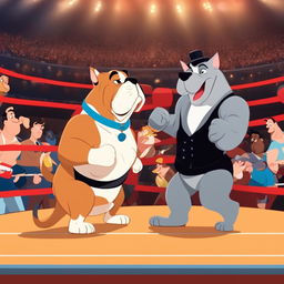 A Disney-style animation of a boxing match between a muscular bulldog and an agile cat in a crowded arena with an elephant referee