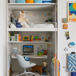 A well-organized, fun and colorful boys' bedroom featuring a sturdy bunk bed, a study area, a shelf filled with toys and games, and decor fit for a young adventurer.