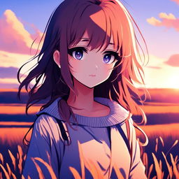 Digital art profile picture of an anime girl standing in a serene field at sunset, glitching intermittently.