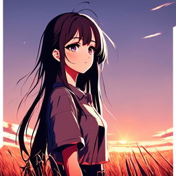 Digital art profile picture of an anime girl standing in a serene field at sunset, glitching intermittently.