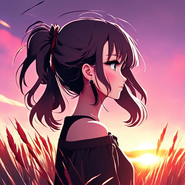 Digital art profile picture of an anime girl standing in a serene field at sunset, glitching intermittently.