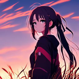 Digital art profile picture of an anime girl standing in a serene field at sunset, glitching intermittently.