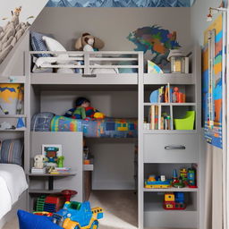 A well-organized, fun and colorful boys' bedroom featuring a sturdy bunk bed, a study area, a shelf filled with toys and games, and decor fit for a young adventurer.