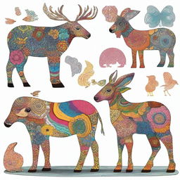 Generate an image of various animals, each adorned with intricately unique and colorful patterns