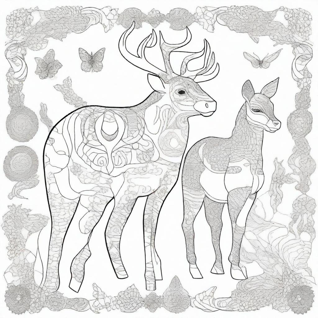 Create an entertaining coloring page featuring a selection of animals each highlighted with intricate, blank patterns awaiting color