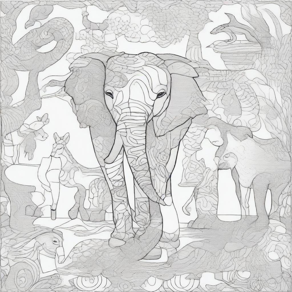 Create an entertaining coloring page featuring a selection of animals each highlighted with intricate, blank patterns awaiting color